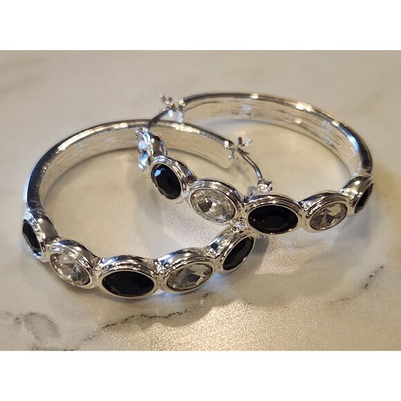Gloria Vanderbilt Silver-Tone Hoop Earrings With Black & Clear Crystal Accents - Picture 4 of 5